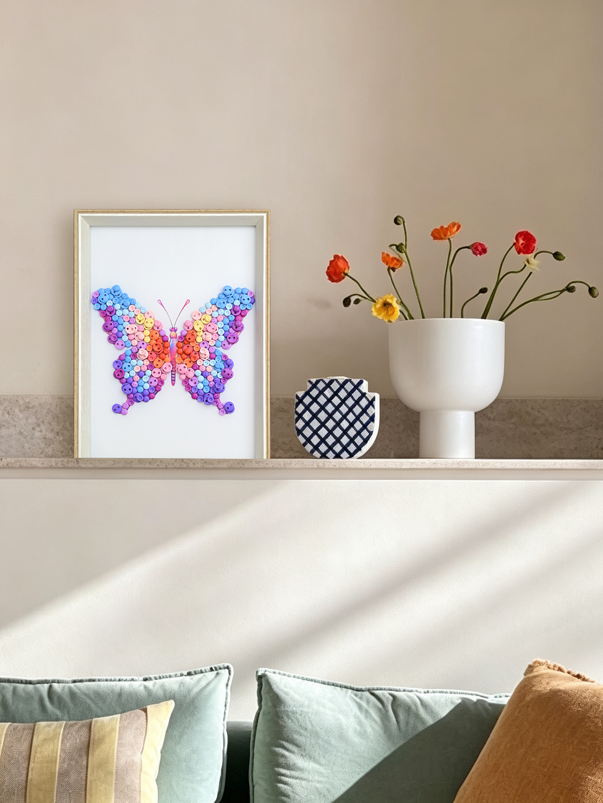 Pink Purple Butterfly button art displayed as colorful wall decor in a cozy living room