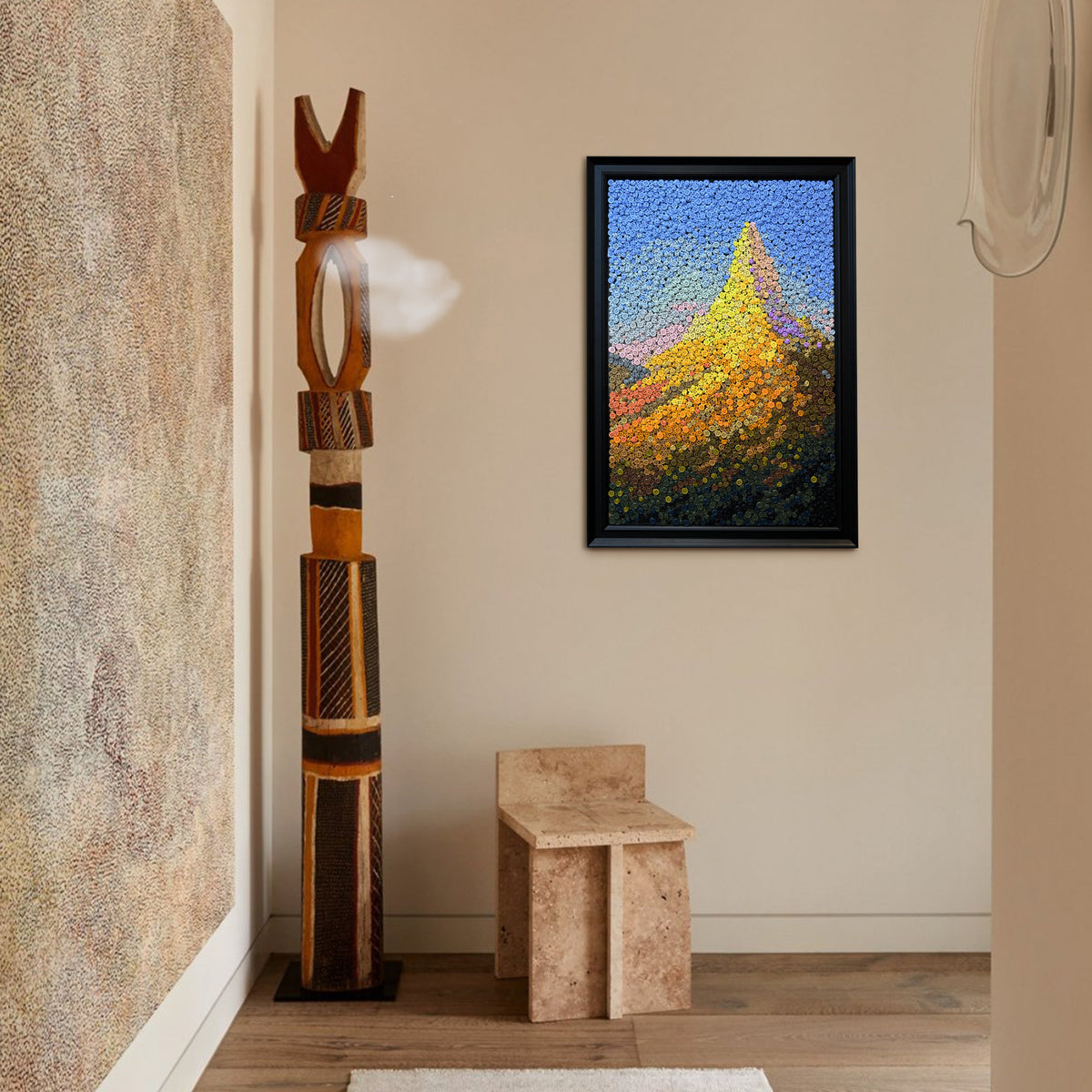 Crowned by Light button artwork featured as serene nature-inspired home decor