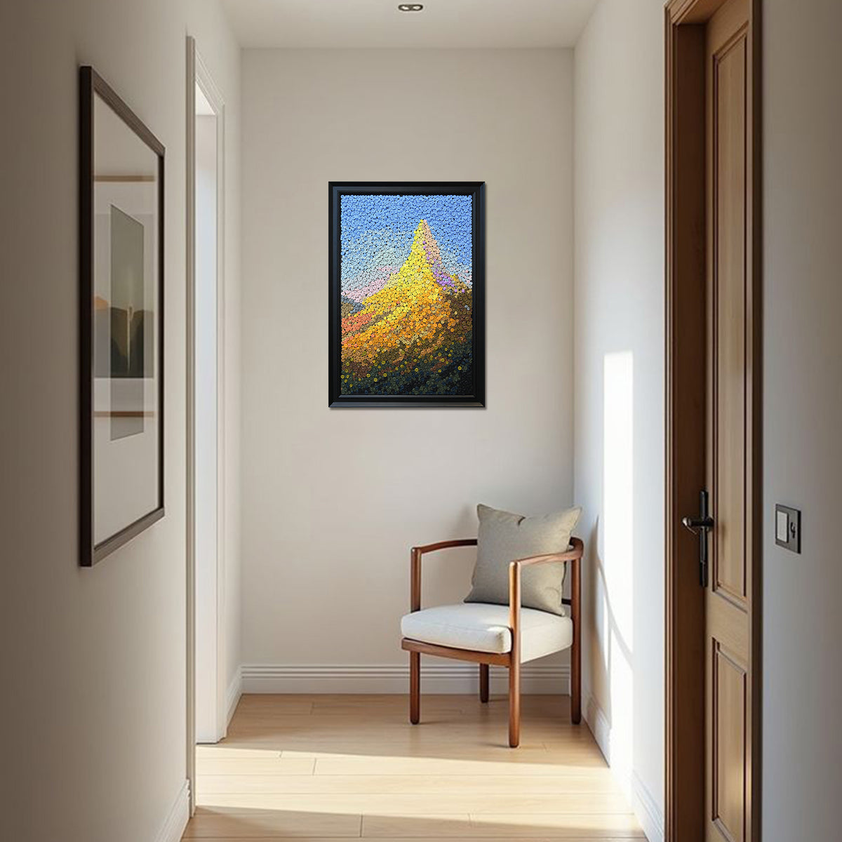 Crowned by Light textured button artwork featuring radiant golden mountain peaks symbolizing luck and prosperity in a contemporary home