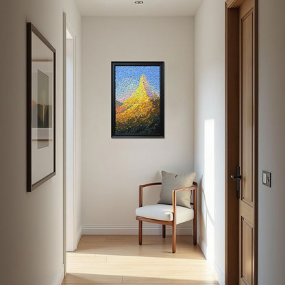 Crowned by Light textured button artwork featuring radiant golden mountain peaks symbolizing luck and prosperity in a contemporary home
