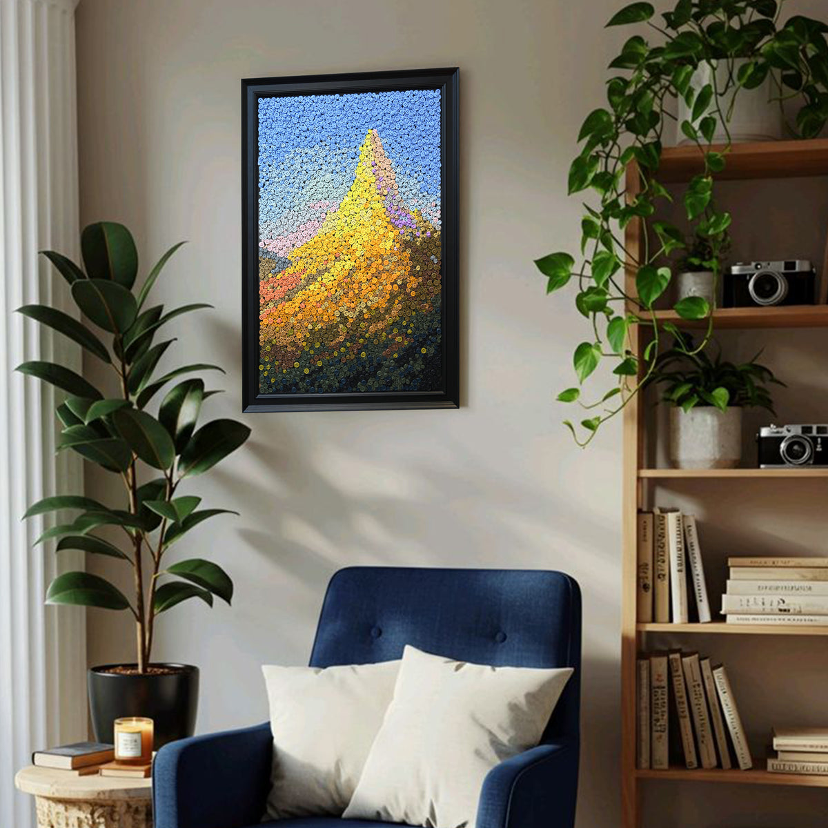 Crowned by Light button art displayed as statement landscape wall decor in a modern interior