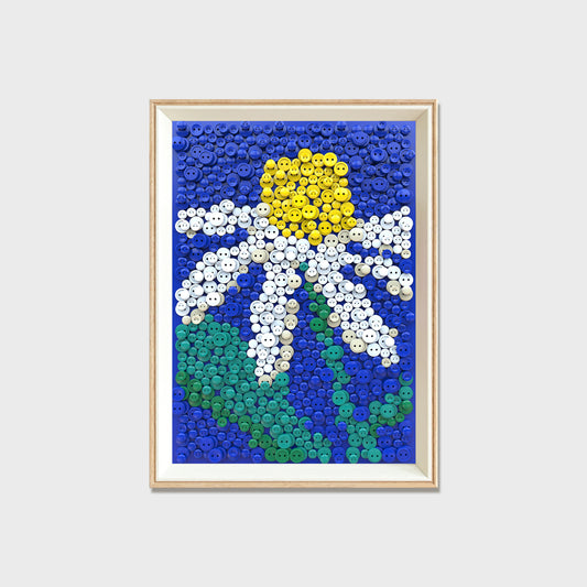 Daisy button art kit featuring a white and yellow daisy on a blue background