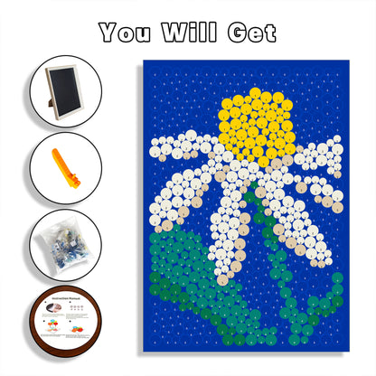 Daisy Button Art by PixelKnot, featuring a textured button mosaic design for artistic home decor.