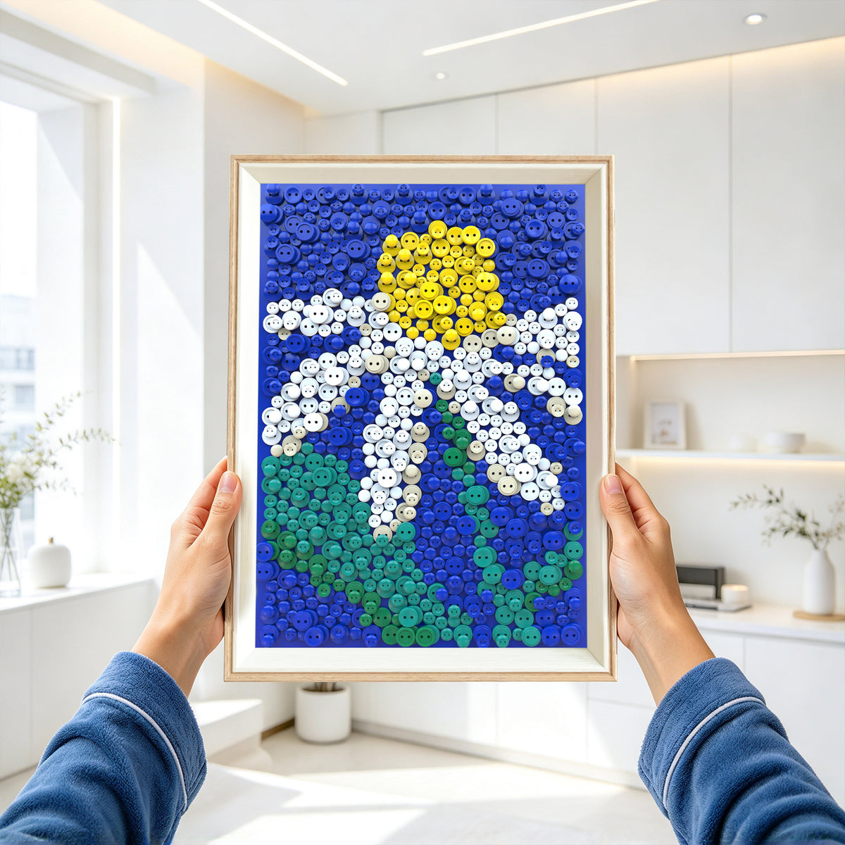 PixelKnot Daisy Button Art adding a tactile artistic touch to everyday living spaces.