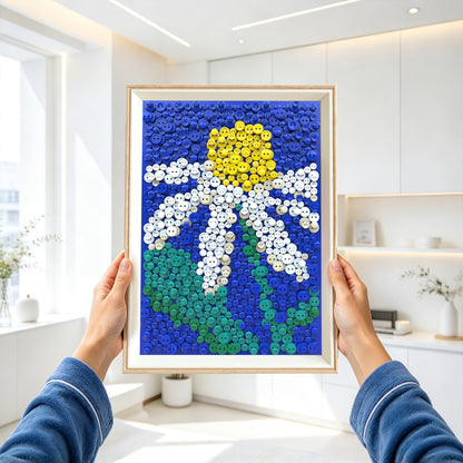 PixelKnot Daisy Button Art adding a tactile artistic touch to everyday living spaces.