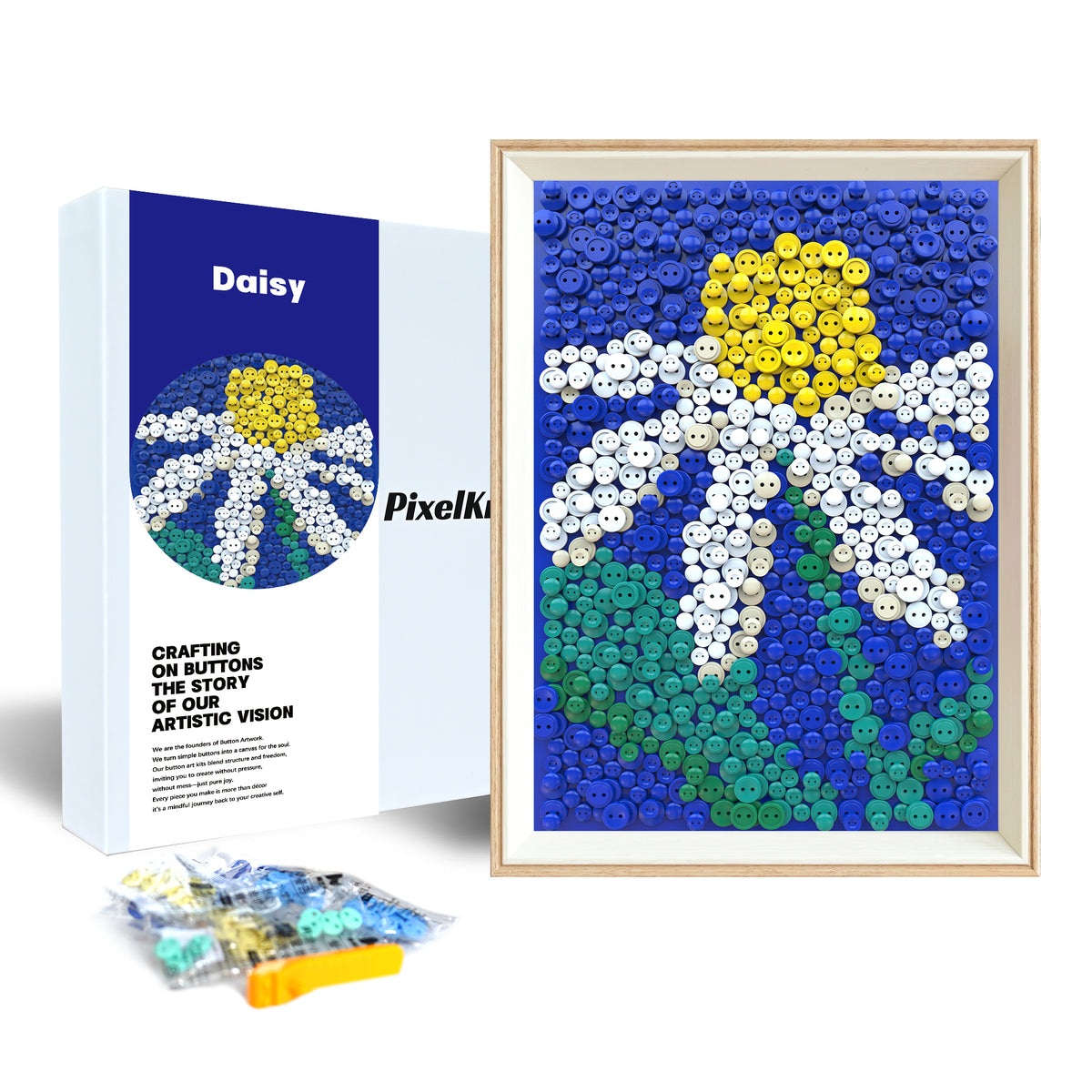 PixelKnot Daisy Button Art packaging, carefully arranged to protect the artwork and its components.