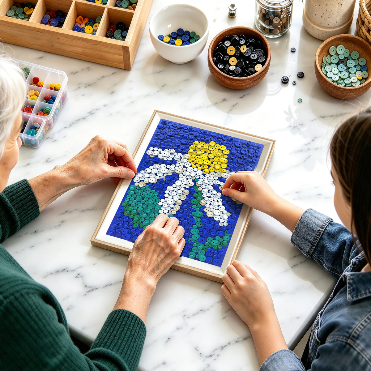 Creating Daisy DIY Button Art with colorful buttons, offering a relaxing and hands-on creative experience.