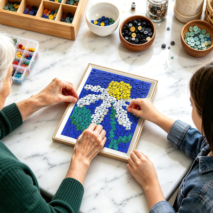 Creating Daisy DIY Button Art with colorful buttons, offering a relaxing and hands-on creative experience.