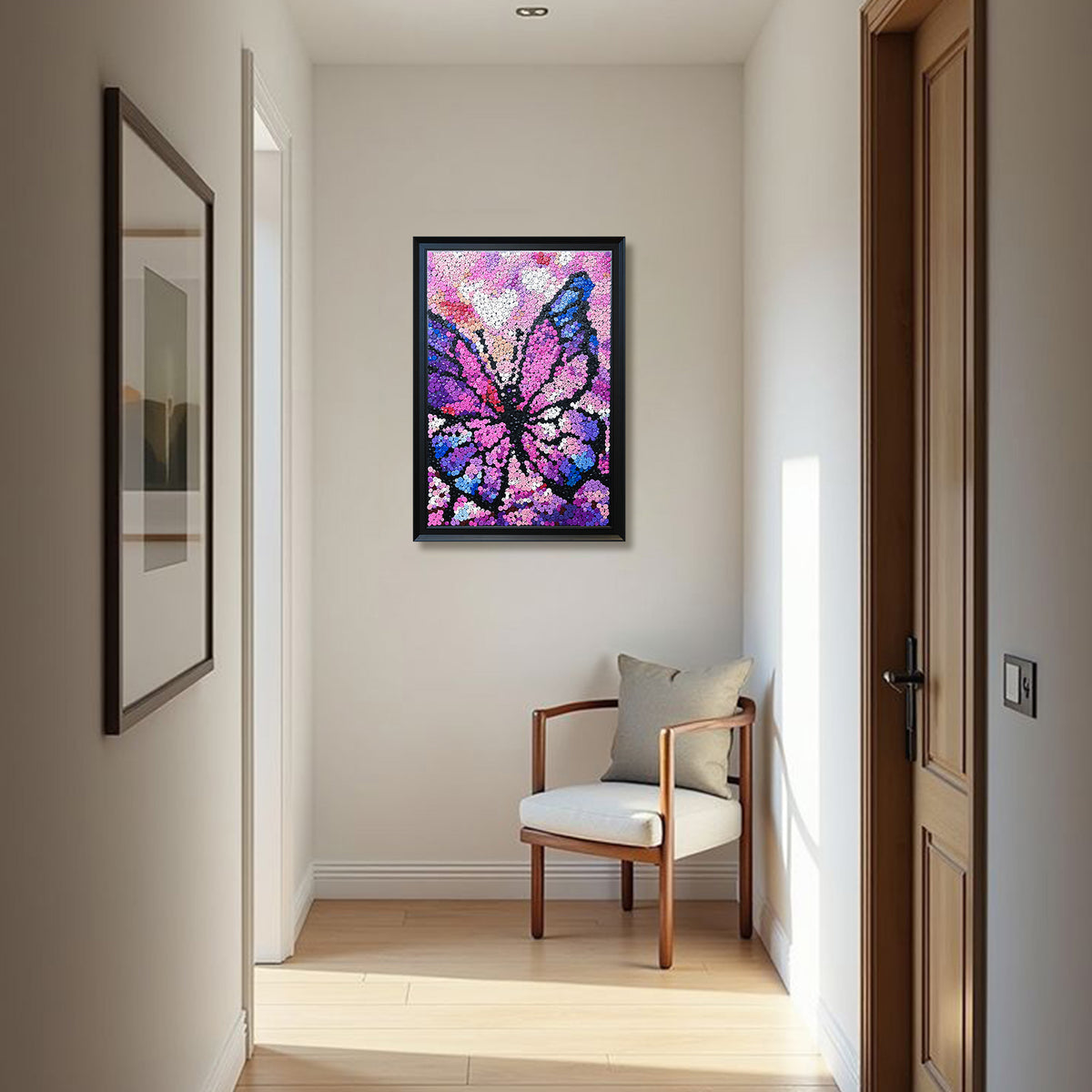 Dreamscape Butterfly textured button artwork featuring a large purple butterfly with spread wings displayed as distinctive colorful wall decor in a contemporary home