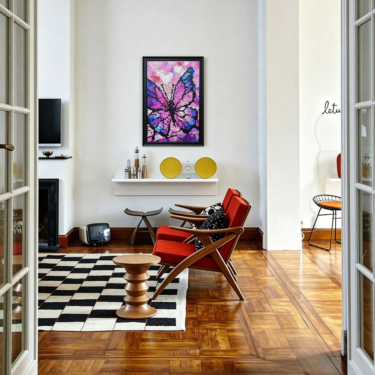 Dreamscape Butterfly button art displayed as statement butterfly wall decor in a modern interior