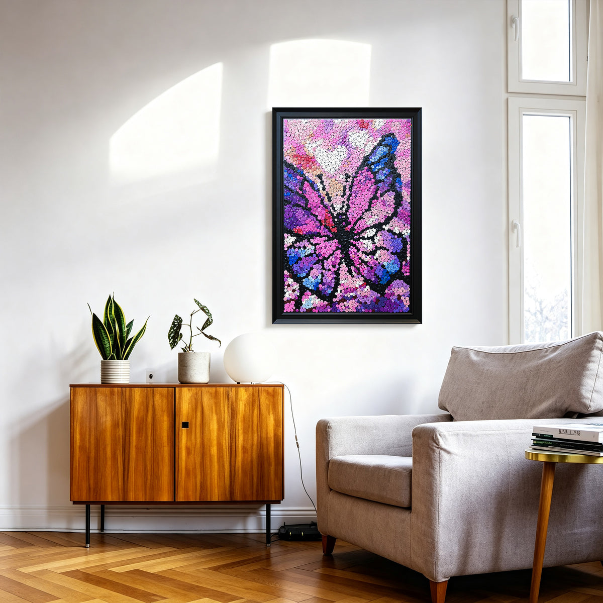 Dreamscape Butterfly wall art adding a vibrant purple and pink artistic touch to a room