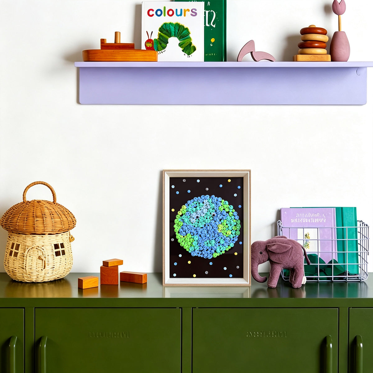 Earth button artwork adding a vibrant artistic touch to a room