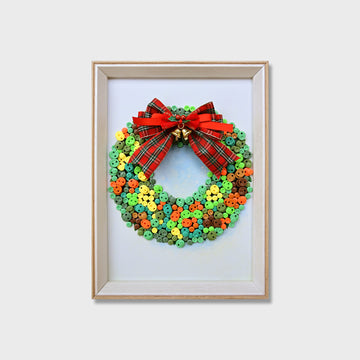 Evergreen Wreath button art kit featuring a festive Christmas wreath with a real ribbon bow