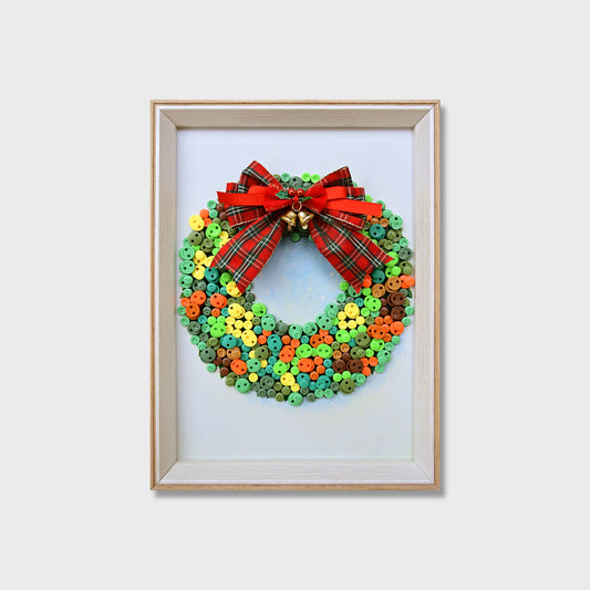 Evergreen Wreath button art kit featuring a festive Christmas wreath with a real ribbon bow