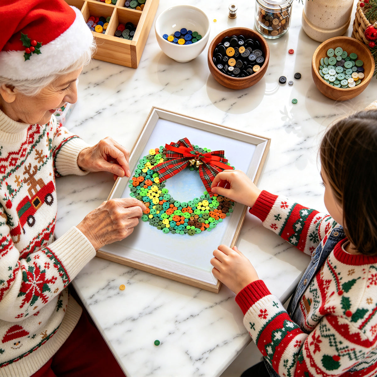 Assembling the Evergreen Wreath DIY Button Art Kit during the Christmas season