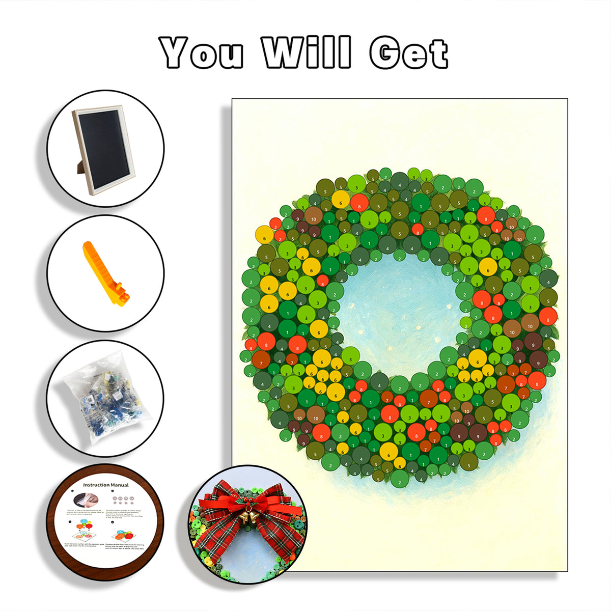 What’s included in the Evergreen Wreath DIY Button Art Kit