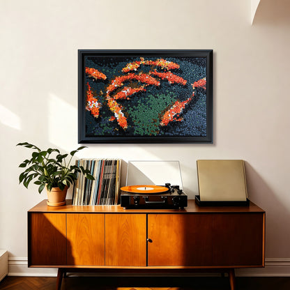 Fortune in Motion button art displayed as elegant koi fish wall decor in a cozy living room
