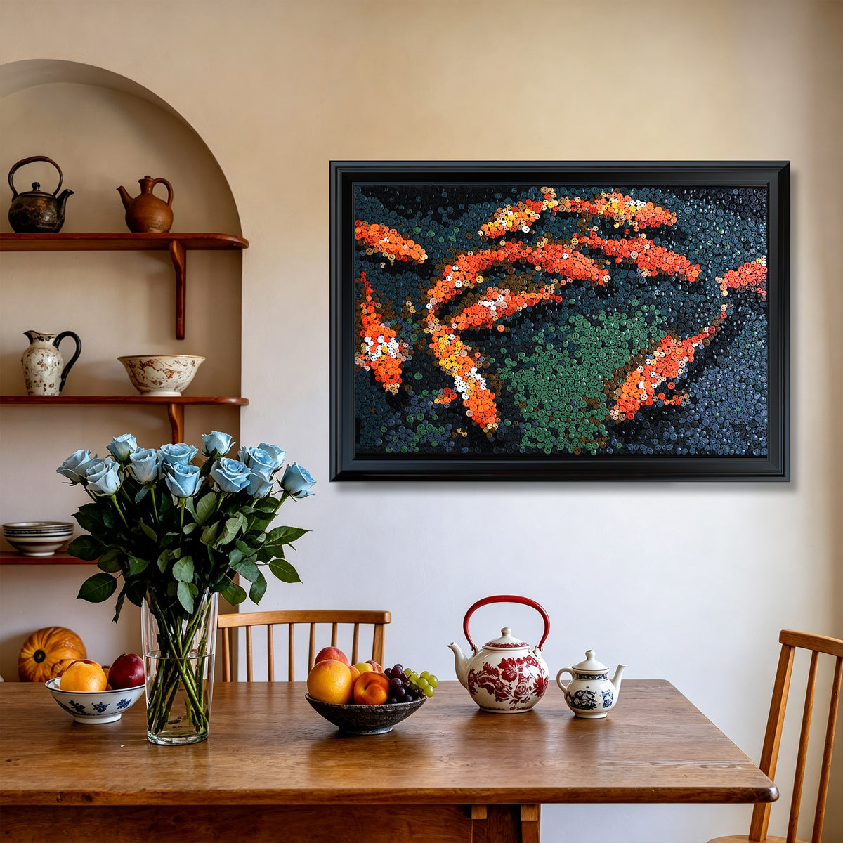 Fortune in Motion button art displayed as statement koi fish wall decor in a modern interior