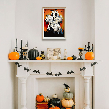 Ghost button art displayed as playful Halloween wall decor in a cozy living room