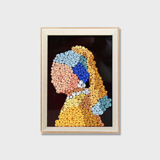 Girl with a Pearl Earring button art kit featuring a textured recreation inspired by Vermeer's iconic portrait