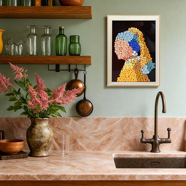Girl with a Pearl Earring button art displayed as classic wall decor in a cozy living room