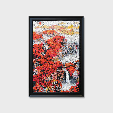 Golden Fortune button art featuring a Chinese landscape with vibrant red maple trees and a cascading waterfall