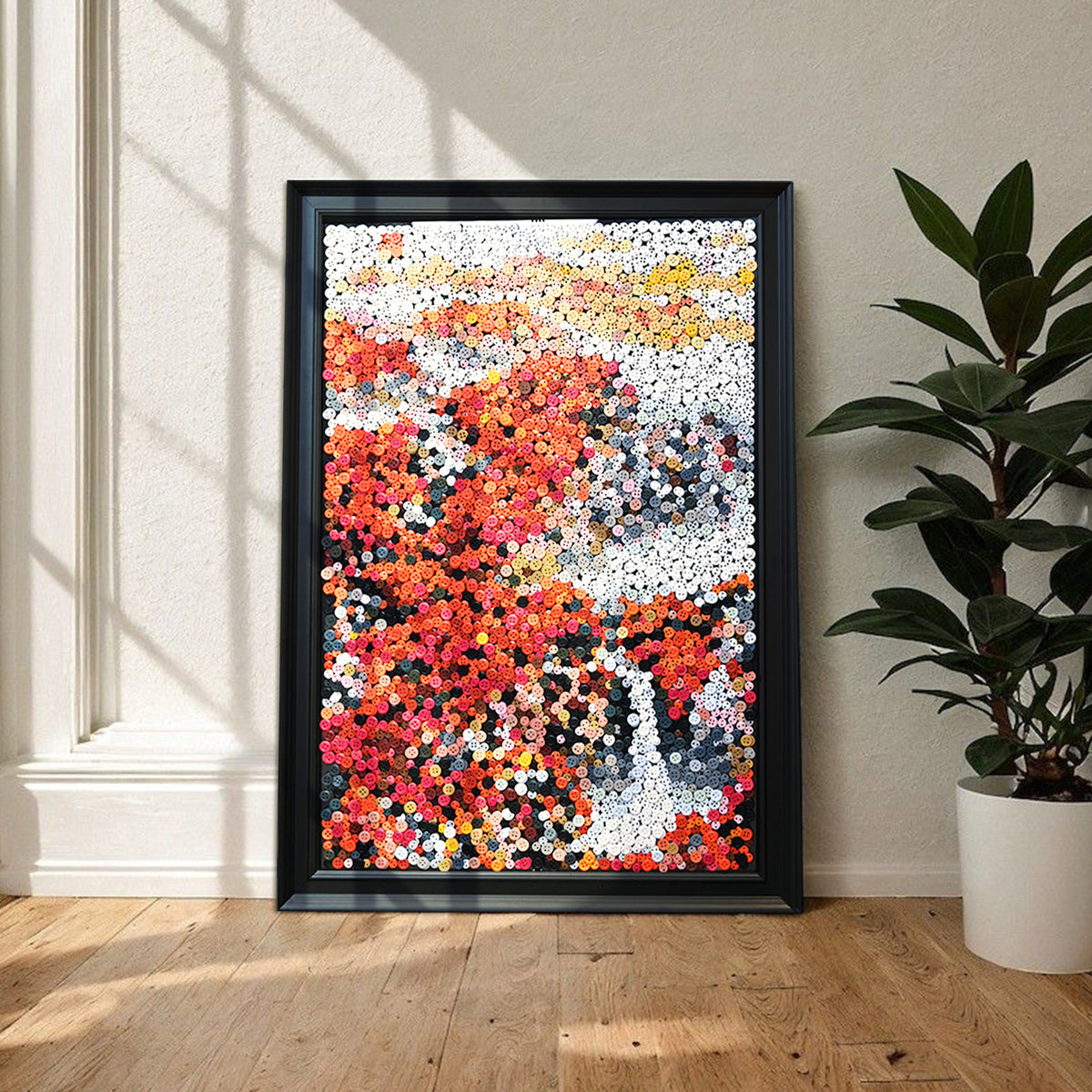 Golden Fortune button art displayed as elegant landscape wall decor in a cozy living room