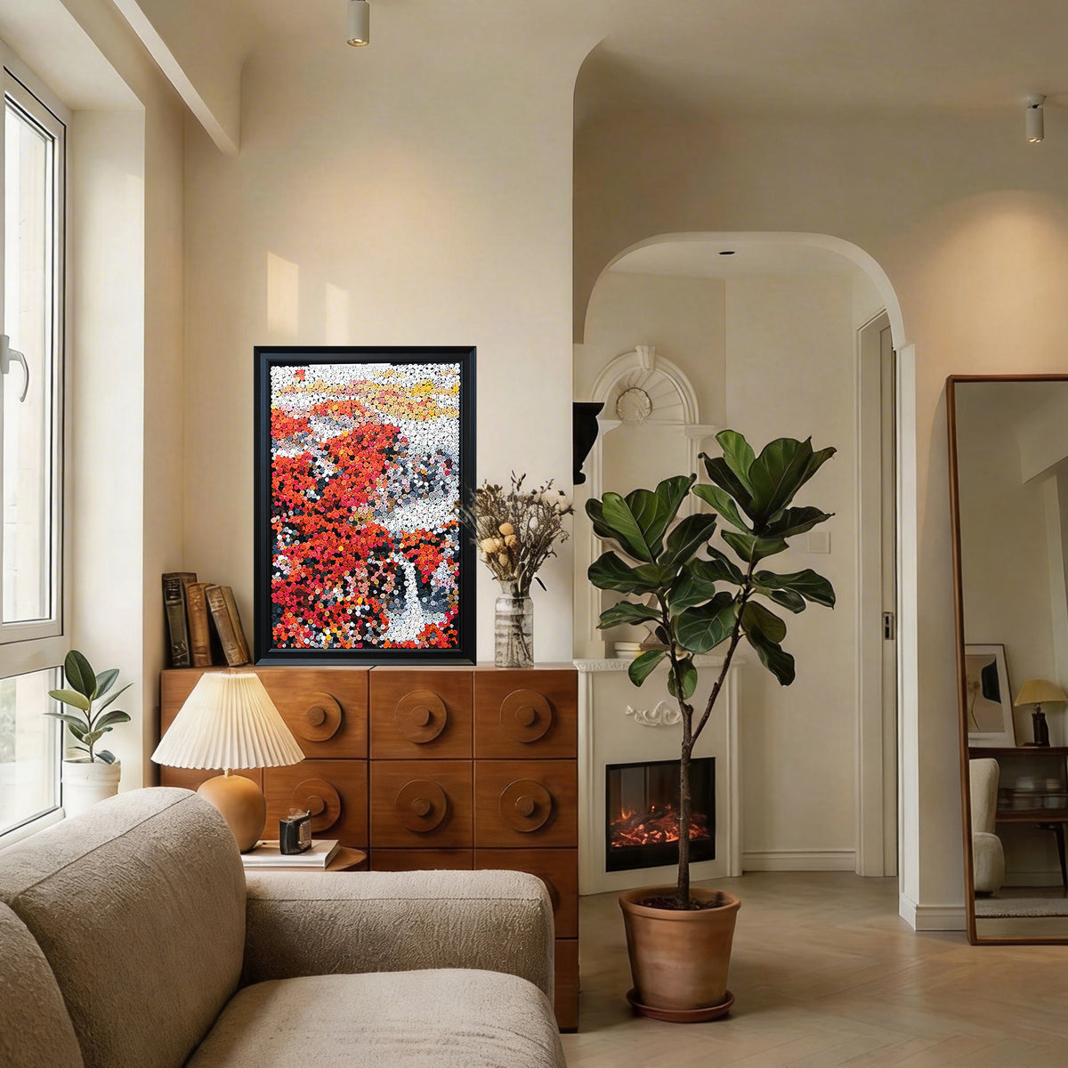 Golden Fortune textured wall art featuring red maple trees and a waterfall displayed in a stylish home interior
