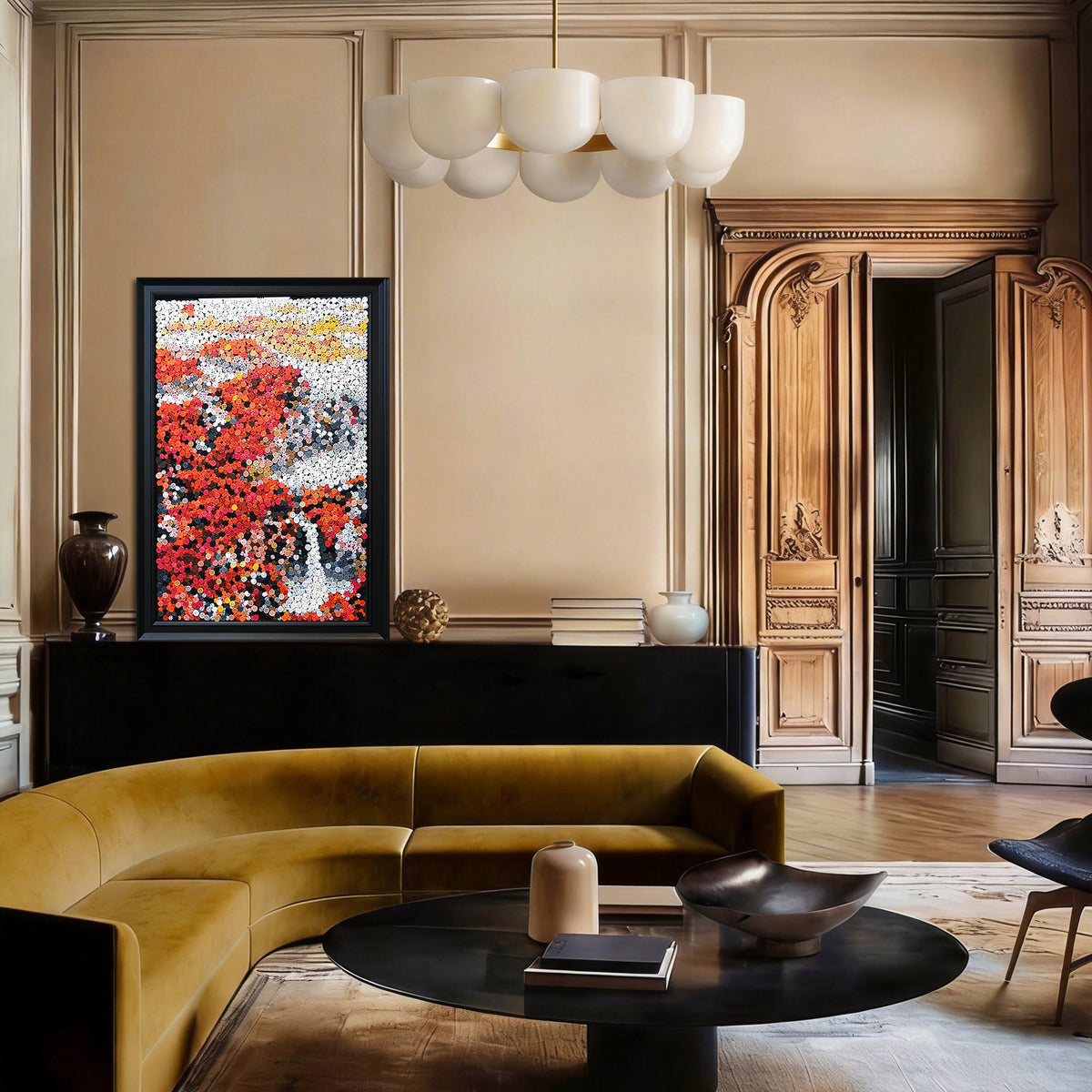 Golden Fortune button artwork featured as traditional Chinese-inspired home decor