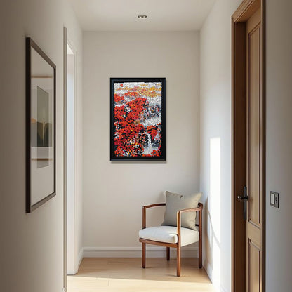 Golden Fortune textured button artwork featuring a waterfall and red maple trees displayed in a contemporary home