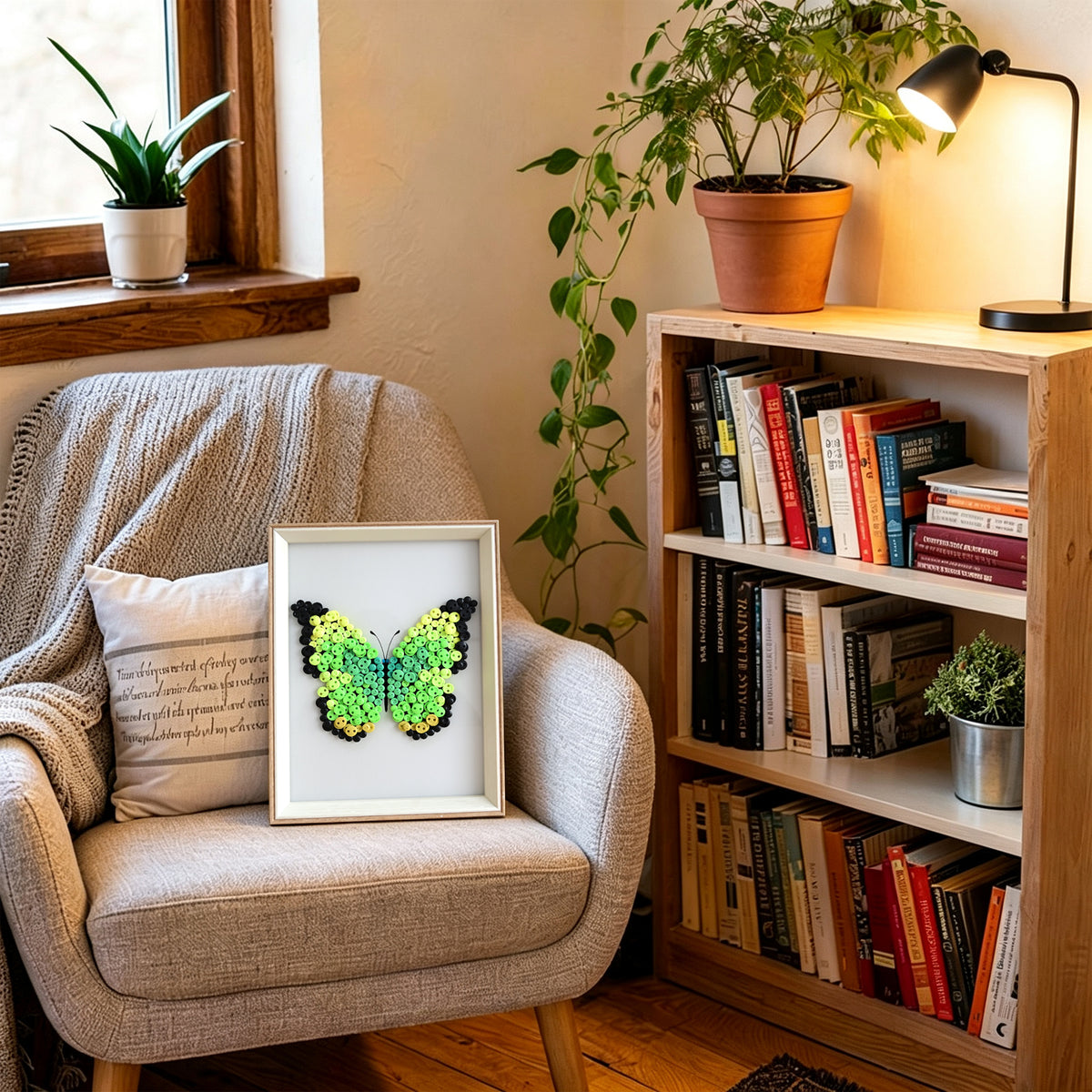 Green Butterfly DIY button art featured as vibrant nature-inspired home decor