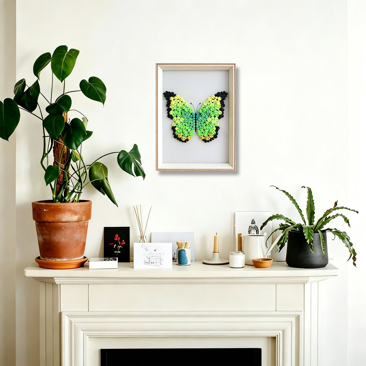 Green Butterfly button artwork adding a fresh and colorful artistic touch to a room