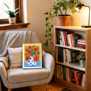 Held in Love button art displayed as floral wall decor in a cozy living room