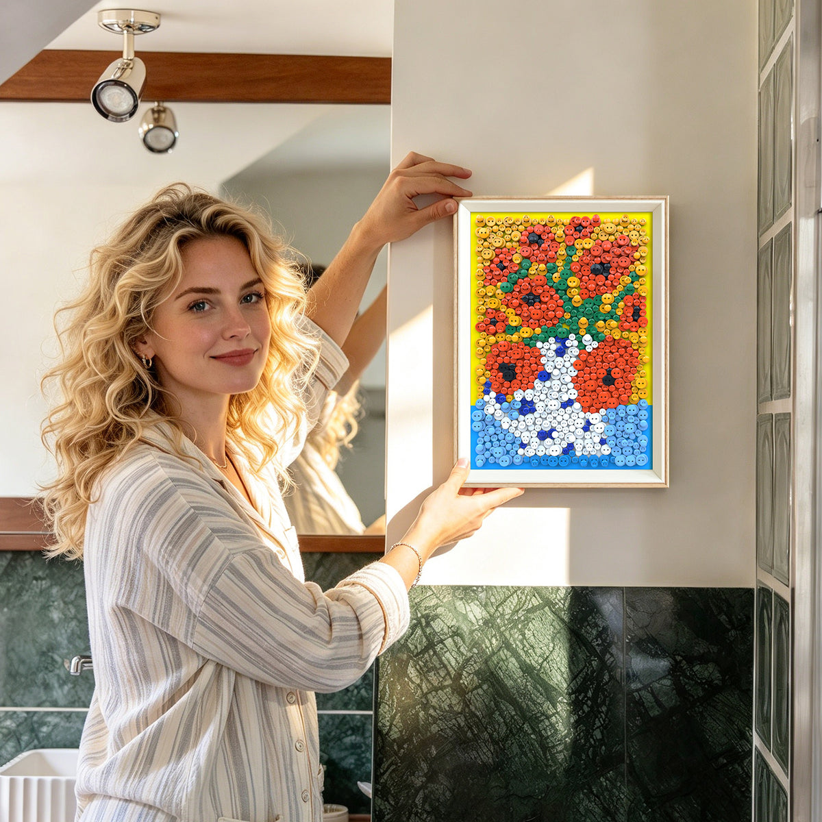 PixelKnot Held in Love Button Art adding a tactile artistic touch to everyday living spaces.