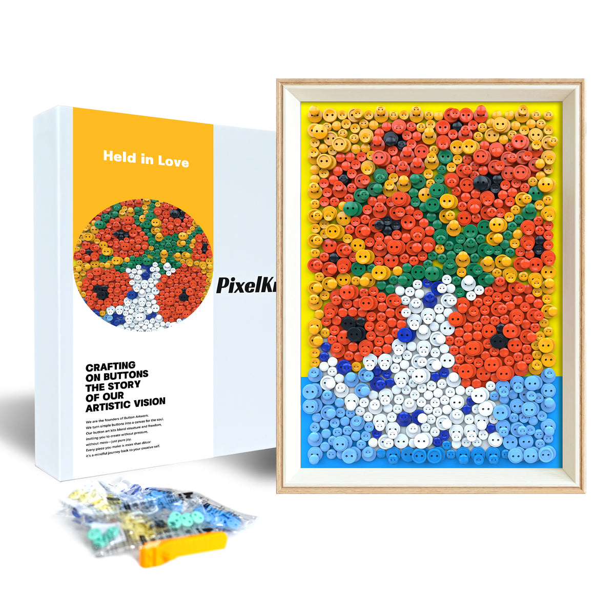 PixelKnot Held in Love Button Art packaging, carefully arranged to protect the artwork and its components.
