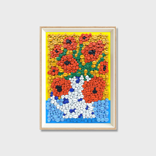 Held in Love button art kit featuring a bouquet of red poppies in a blue and white vase