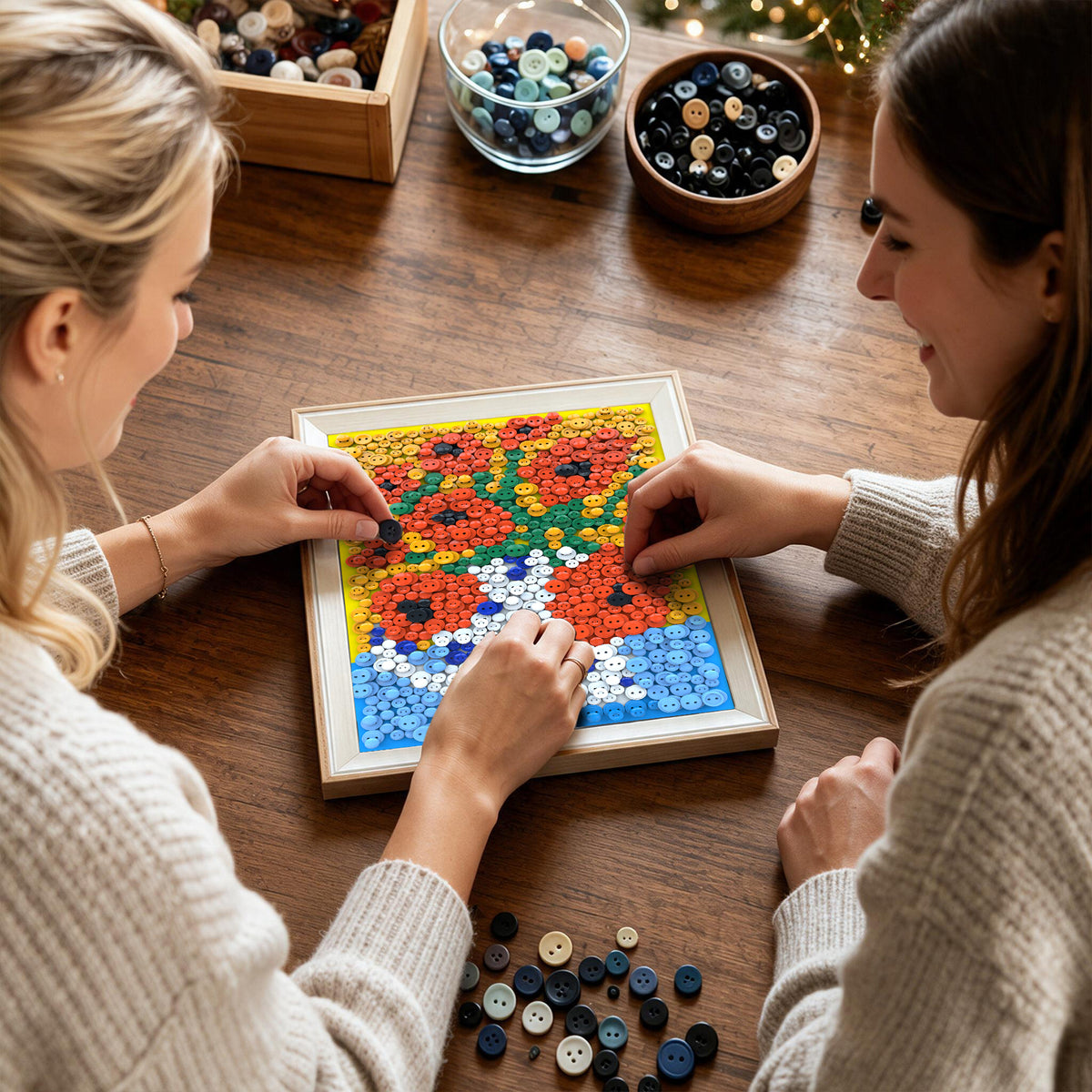 Creating Held in Love DIY Button Art with colorful buttons, offering a relaxing and hands-on creative experience.