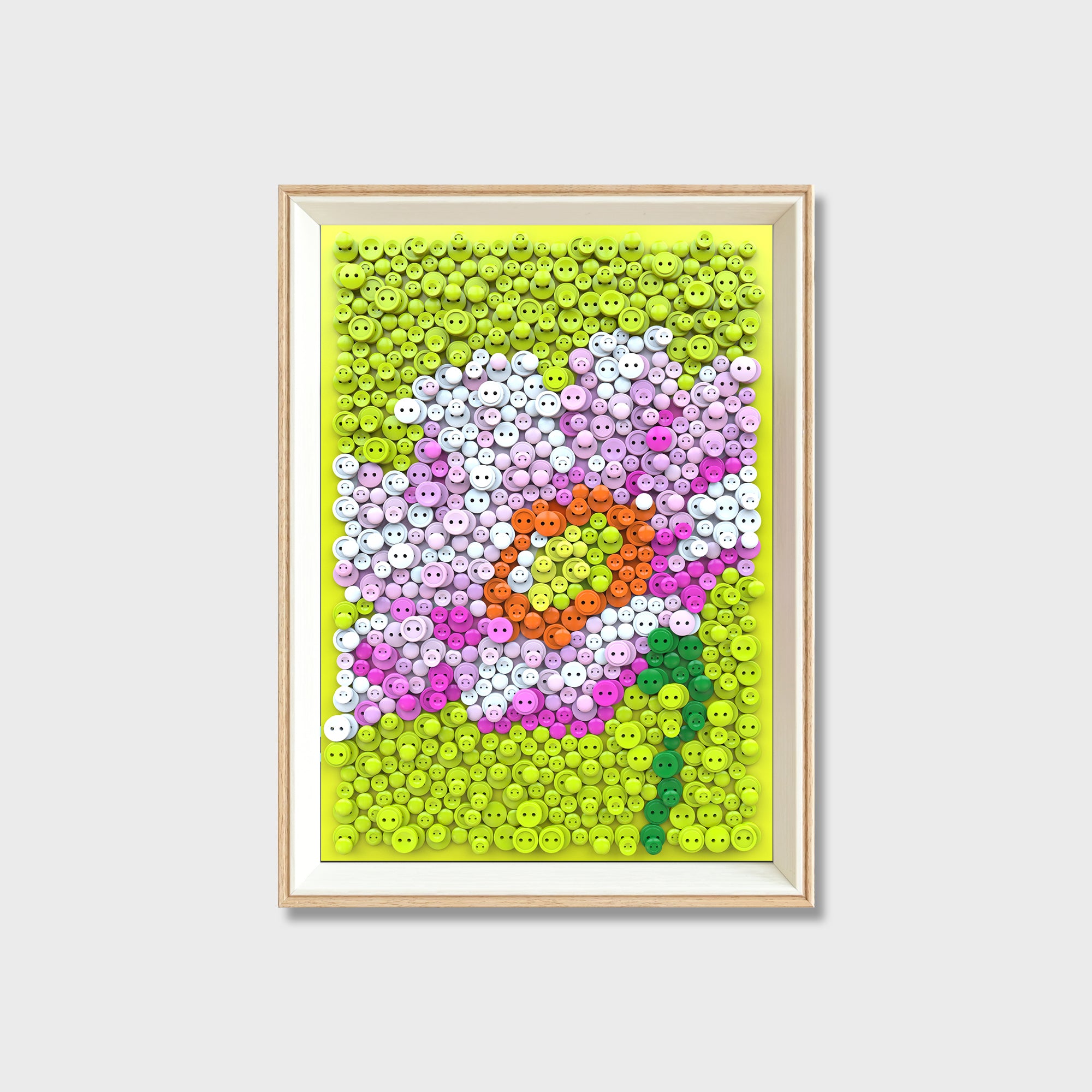 Hibiscus Syriacus button art kit featuring a blooming hibiscus flower on a grass green background