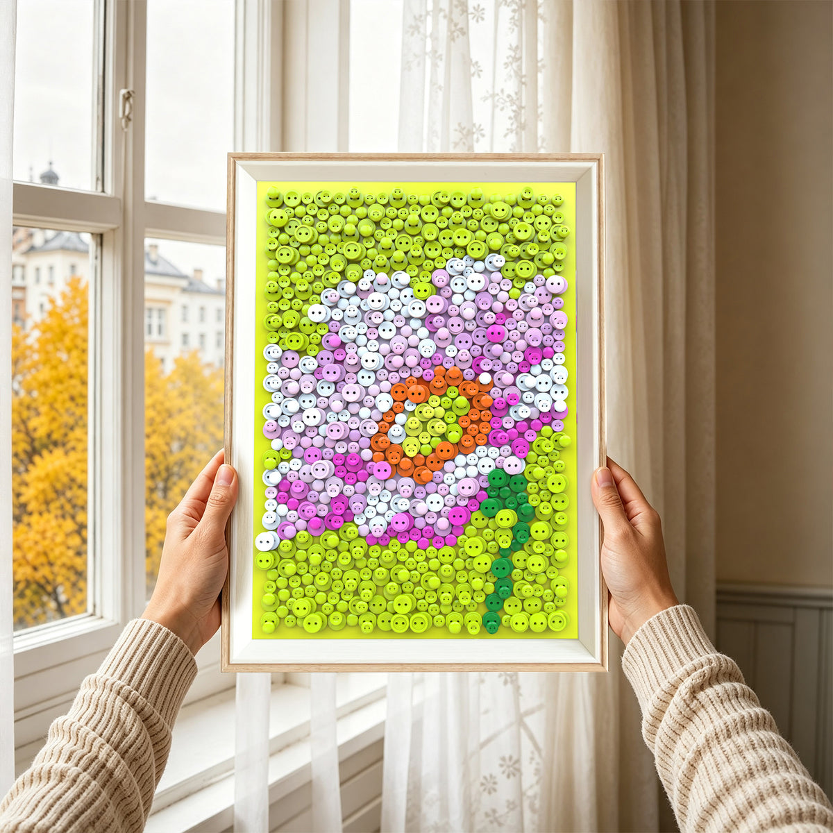 Hibiscus Syriacus Button Art displayed as a decorative accent in a thoughtfully styled home interior.