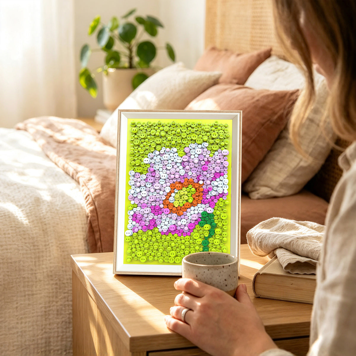 PixelKnot Hibiscus Syriacus Button Art adding a tactile artistic touch to everyday living spaces.
