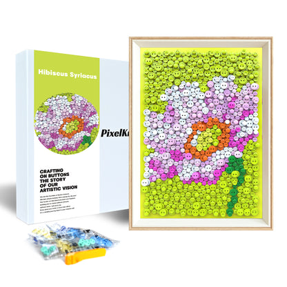 PixelKnot Hibiscus Syriacus Button Art packaging, carefully arranged to protect the artwork and its components.