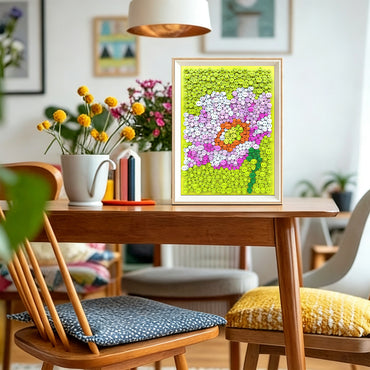 Hibiscus Syriacus button art displayed as floral wall decor in a cozy living room