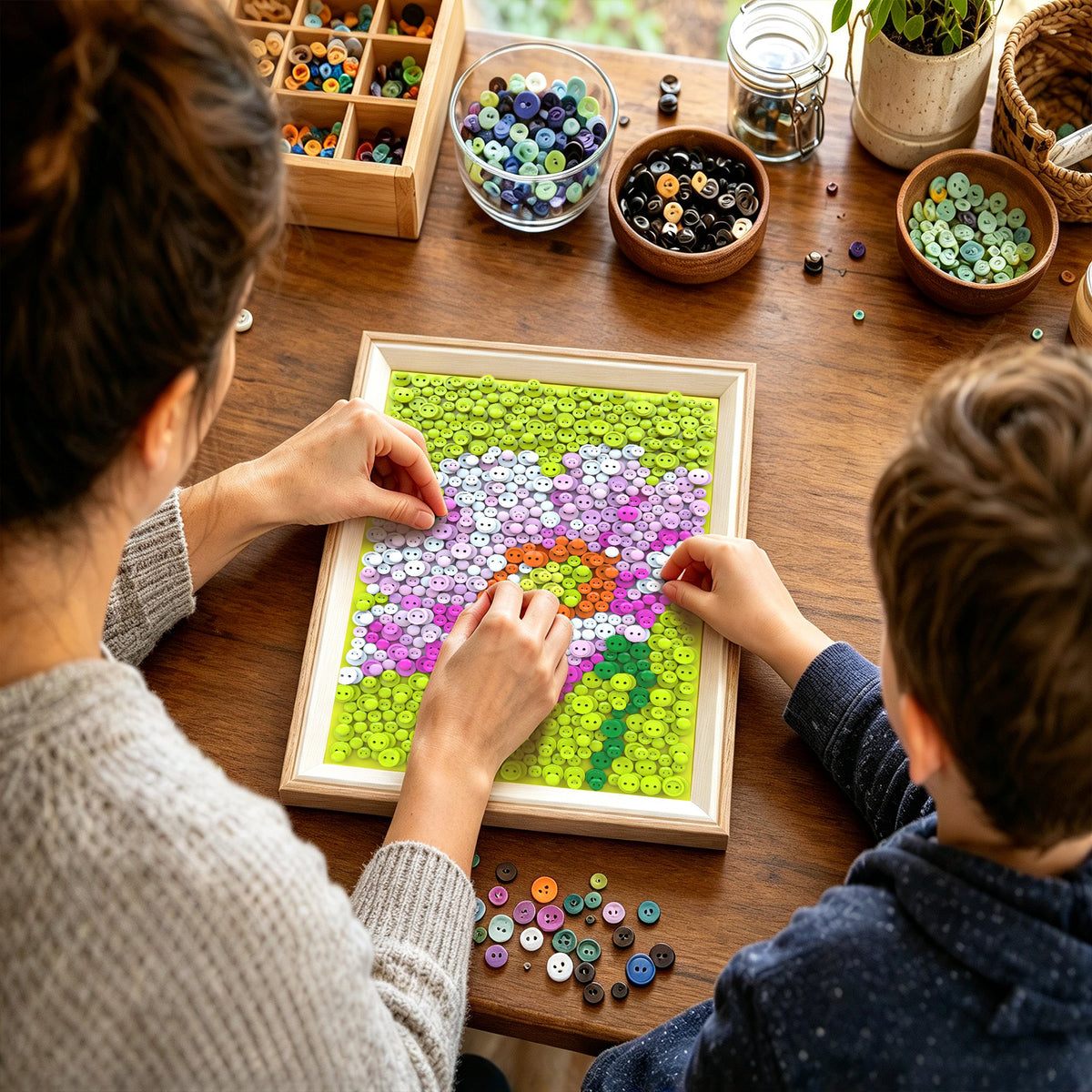Creating Hibiscus Syriacus DIY Button Art with colorful buttons, offering a relaxing and hands-on creative experience.