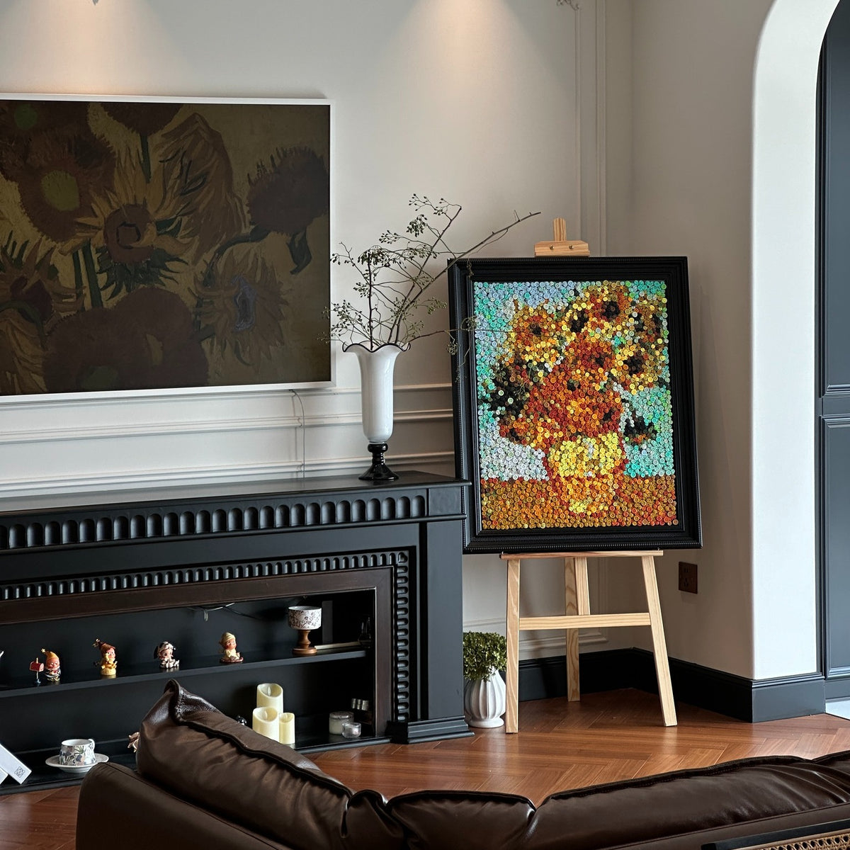 Colorful floral button art collection displayed as botanical wall decor in a home interior