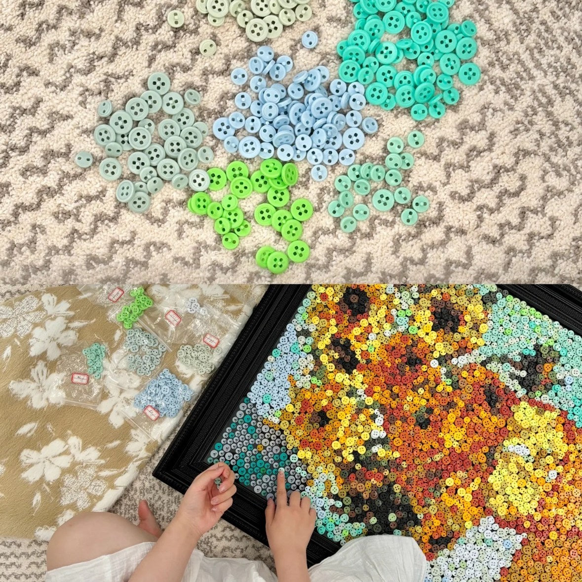 Close-up of colorful buttons creating textured layers in a detailed button art piece