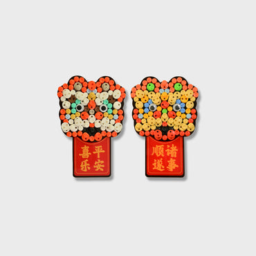 Magnetic Blessing Lion Duo button art featuring two majestic lions symbolizing strength, protection, and good fortune