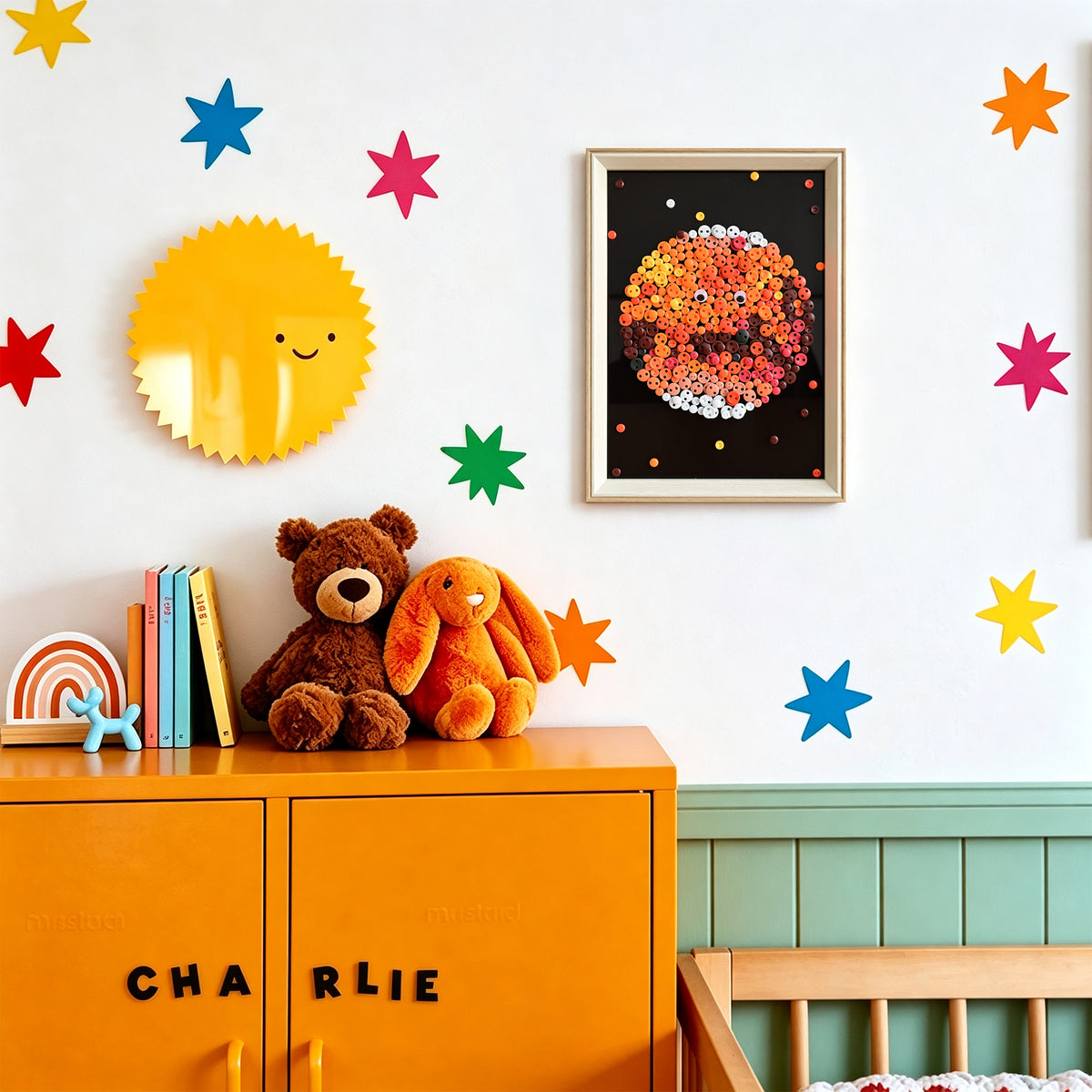 Mars button art displayed as wall decor in a cozy living room
