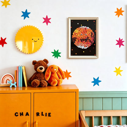 Mars button art displayed as wall decor in a cozy living room
