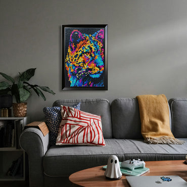 Midnight Majesty button art displayed as elegant wall decor in a cozy living room