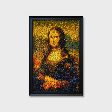 The Mona Lisa button art featuring a textured recreation inspired by Leonardo da Vinci's iconic portrait